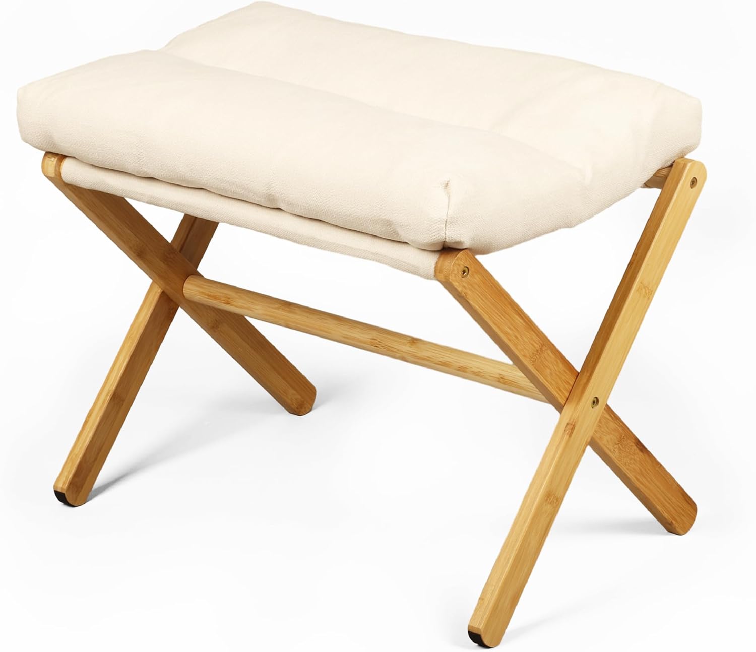 Bamboo Folding Footrest Stool,Modern Couch Ottoman with X Legs,Small Ottoman Foot Rest with Thick Cotton Cushion,Foldable Change Shoes Bench Entryway Chair for Home Living Room Bedroom