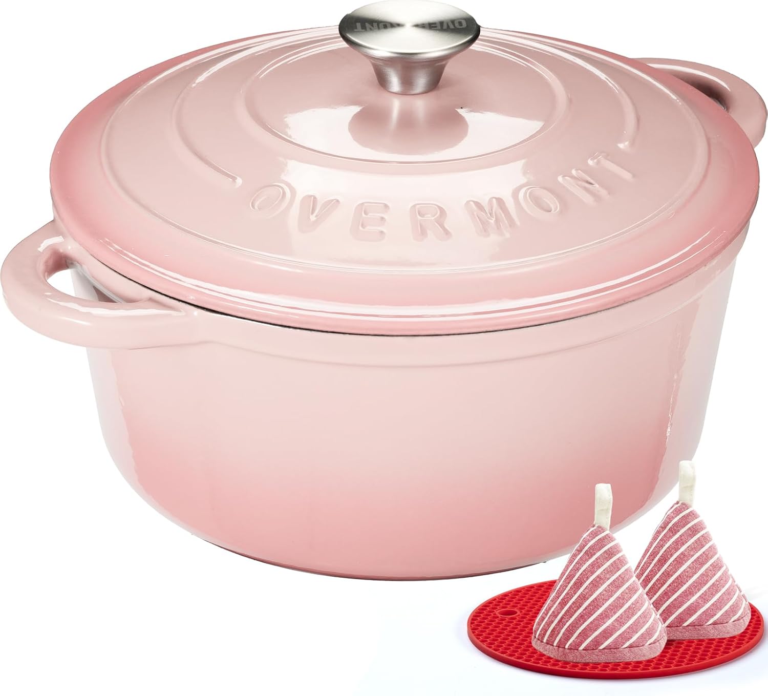 Overmont 24cm/4.2L Enamelled Cast Iron Round Casserole Pot, Pink