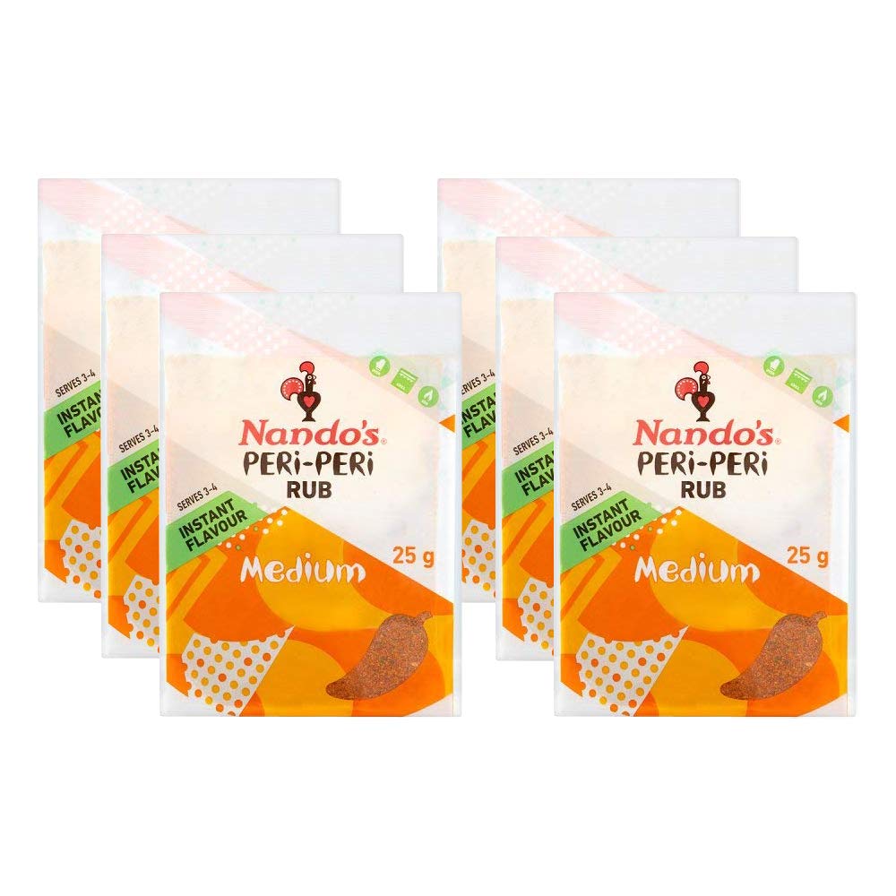 Nando's PERi-PERi Medium Dry Rub - BBQ Seasoning Instant Flavor with a Blend of Garlic, Herbs and Spices with PERi-Peri 25g (6PK)