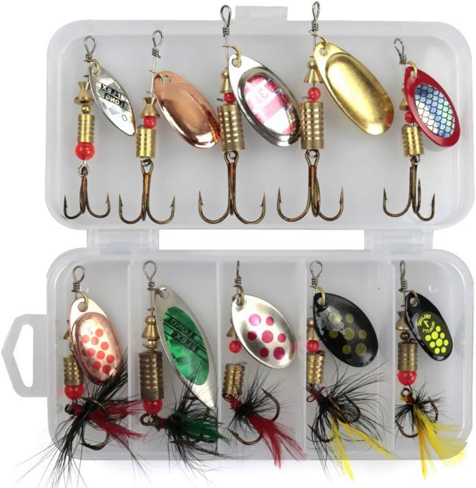 NC 10Pcs Spinner Bait Set Multi Colored Fishing Spinners Lures Baits Fishing Lures with Box for Trout Salmon Bass Fishing Set