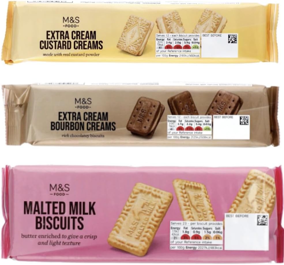 M&S Biscuits Selection Pack - Malted Milk Biscuits 200g, Extra Cream Bourbon Creams 165g, Extra Cream Custard Creams 165g - Packed by Black Nore Gifts