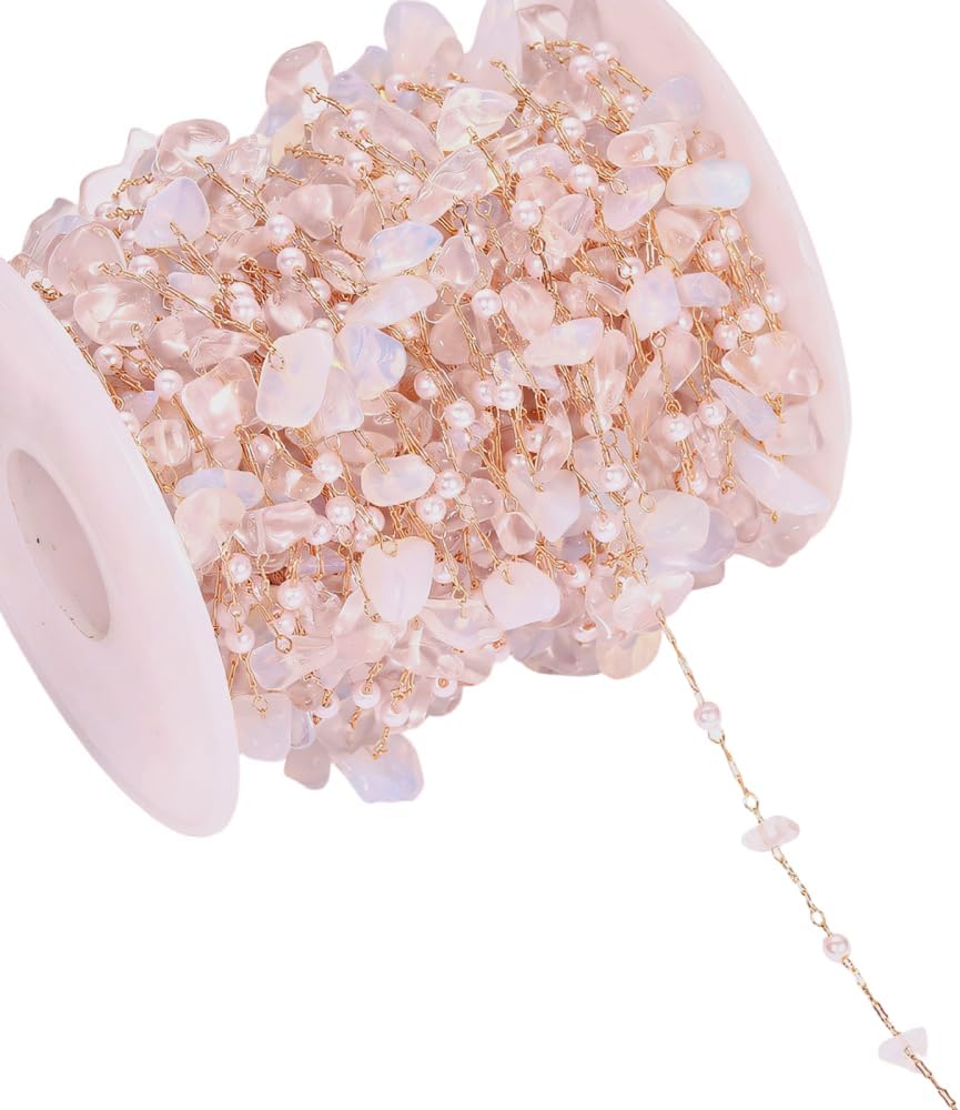 Natural Gemstone and Pearl Chain for DIY Jewellery Making, 3M Long Irregular Stone Beaded Trim, Gold Plated Copper Chain for Necklace Bracelet Crafting Clothing Decoration Accessories