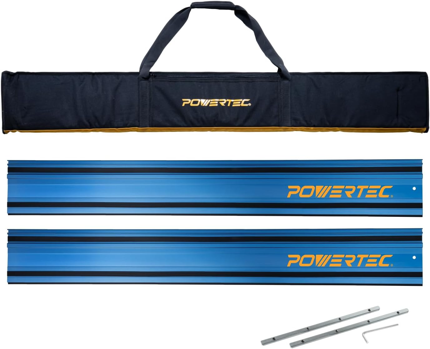 POWERTEC 72154 110" Track Saw Guide Rail Joining Set with Protective Bag for Milwaukee Track Saws | Includes 2x55" Guide Rails and (2) Guide Rail Connectors for Woodworking Projects
