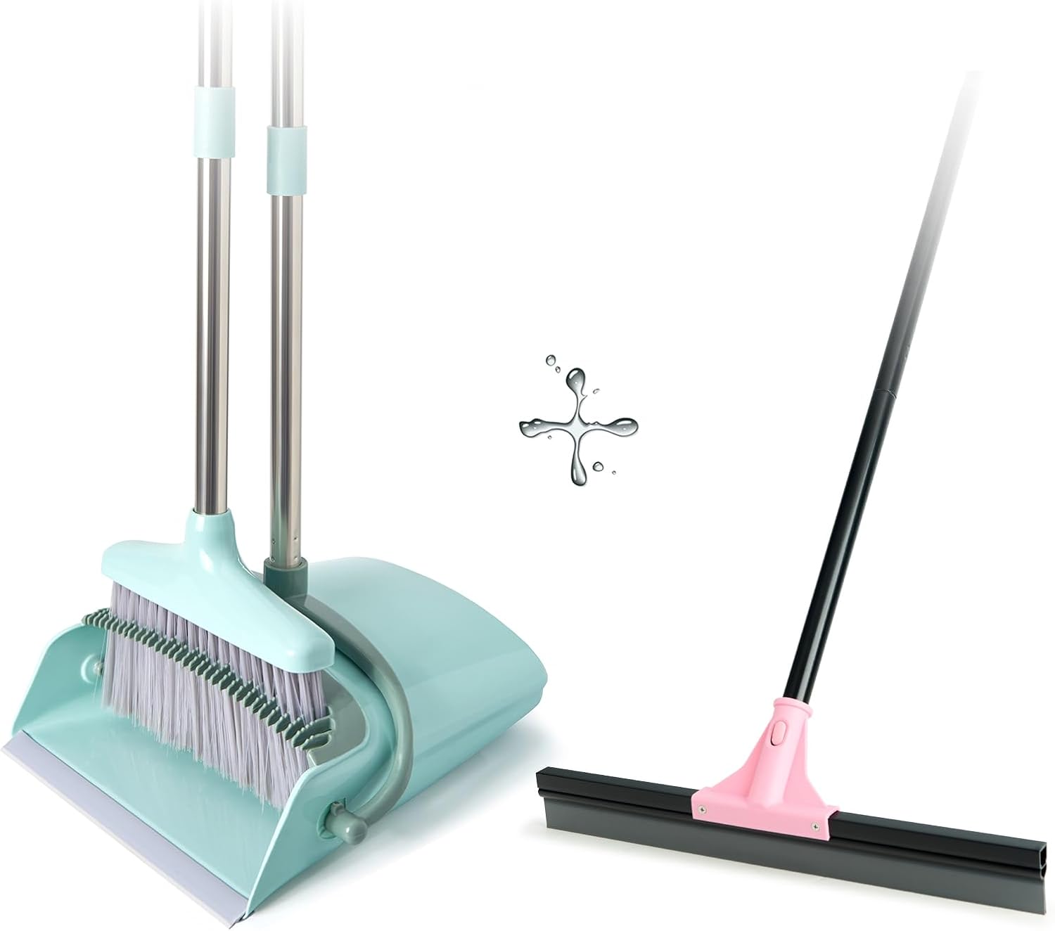 XXXFLOWER Broom and Dustpan Set+17.3'' Floor Squeegee Shower Broom, Heavy Duty Rubber Scraper with Extendable Handle, Large Sweeper for Bathroom, Tile Floor, Window, Patio, Garage, Deck (Black Pink)