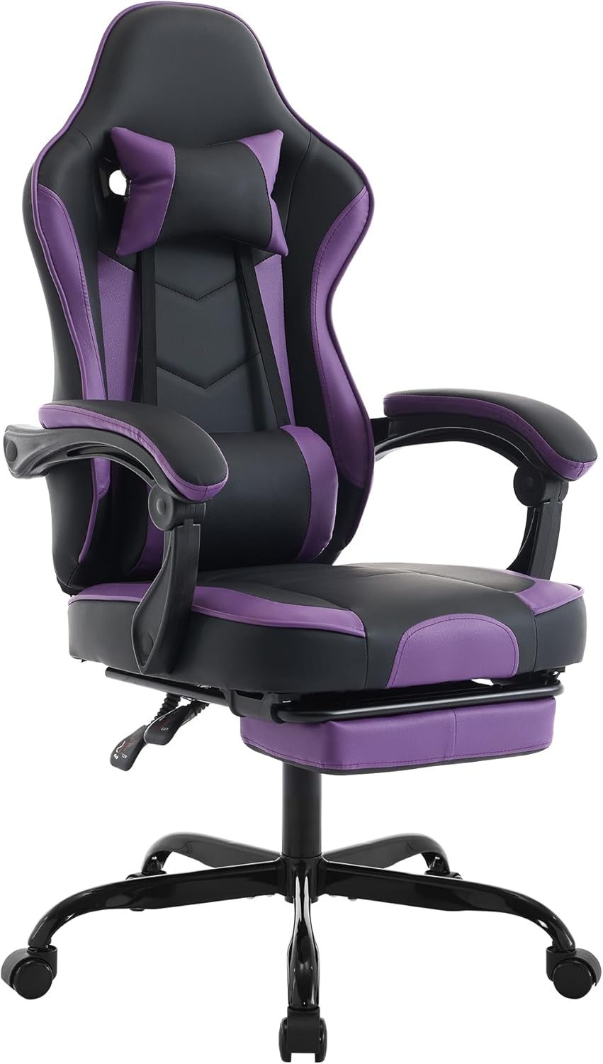 INMOZATA Video Game Chairs - Ergonomic Gaming Chair with Footrest - Leather Recline Computer Desk Chair with Lumbar Support - Swivel Chair with Headrest, Lumbar Support, 3D Linkage Armrest(Purple)