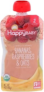 Happy Baby Organics Clearly Crafted Stage 2 Baby Food Bananas Raspberries & Oats, 4 Ounce Pouch Resealable Baby Food Pouches, Fruit & Veggie Puree, Organic Non-GMO Gluten Free Kosher (Pack of 8)
