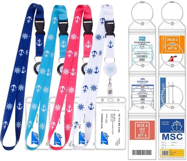 4 Retractable Lanyards with 6 Luggage Tag Holders, Zip Seal Clear Luggage Tag & Lanyard with Ship Card Holder for Carnival, NCL, MSC, Princess 2025-2026, Cruise Ship Essentials