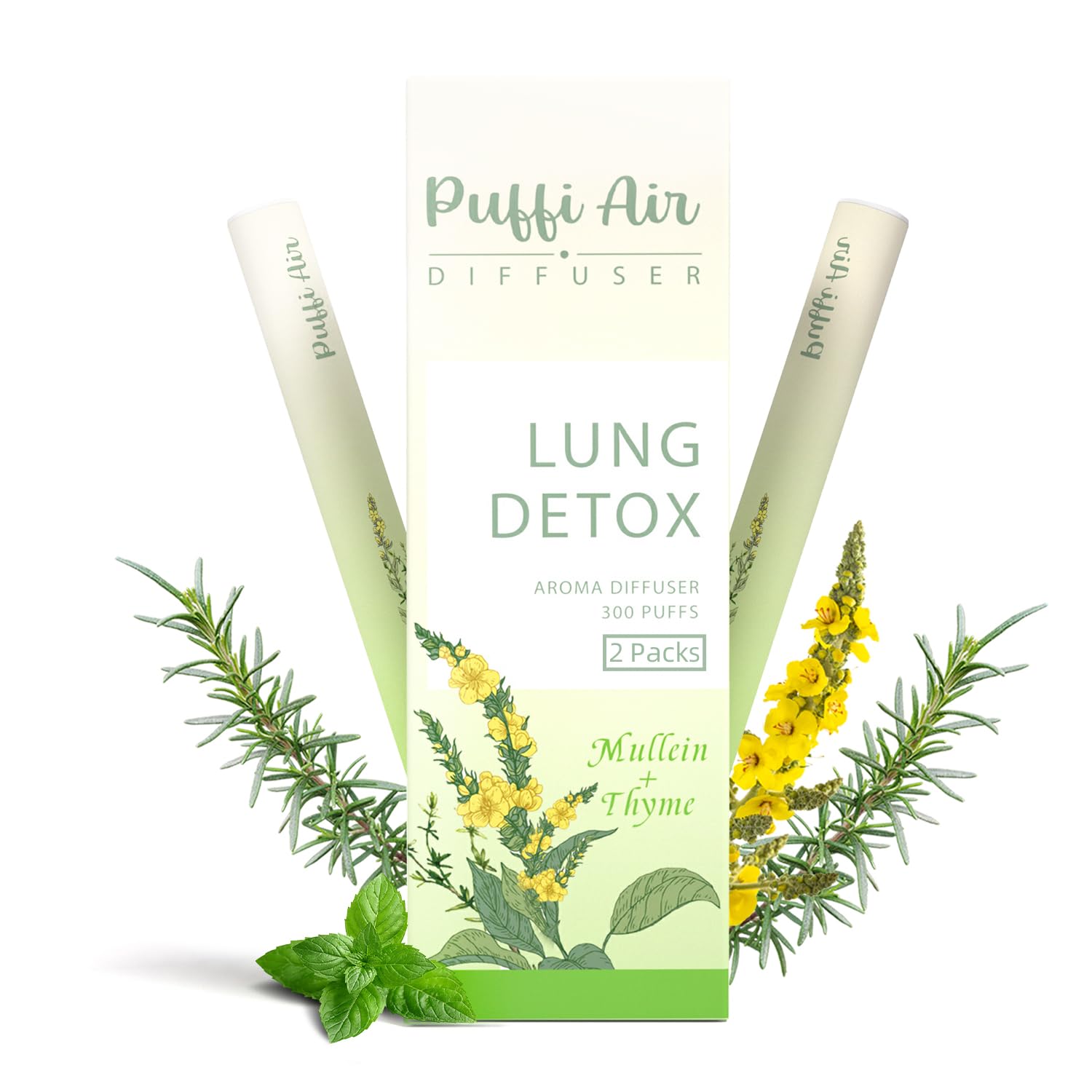 Herbal Diffuser Pen for Lung Detox and Oral Air Freshening with Extracts of Mullein, Thyme and Mint - 2 Packs