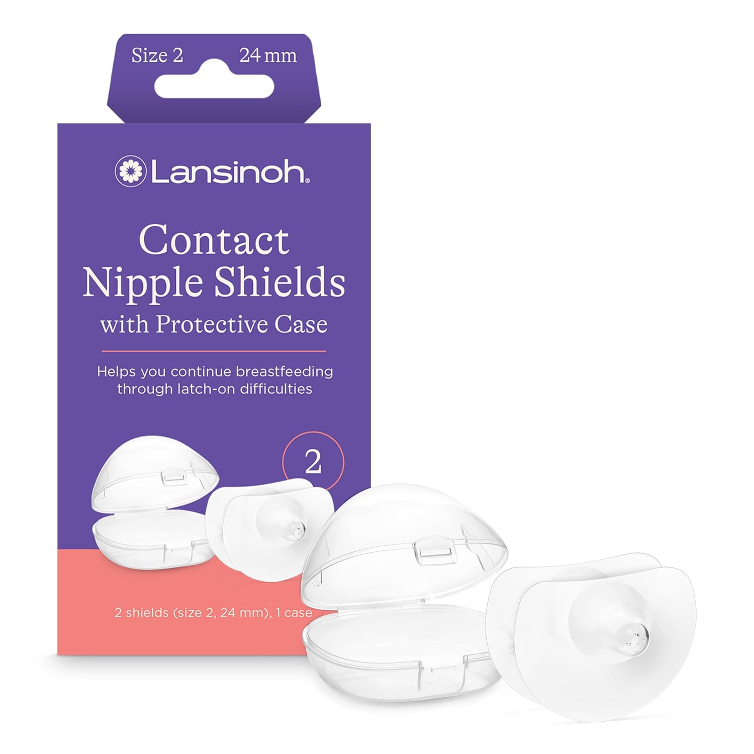 Lansinoh Contact Nipple Shields for Nursing Mothers, Ultra-Thin Soft & Flexible Medical-Grade Silicone Shields Designed for Sensitive Nipples and Latch-On Support, with Protective Case, 24mm, 2 Count
