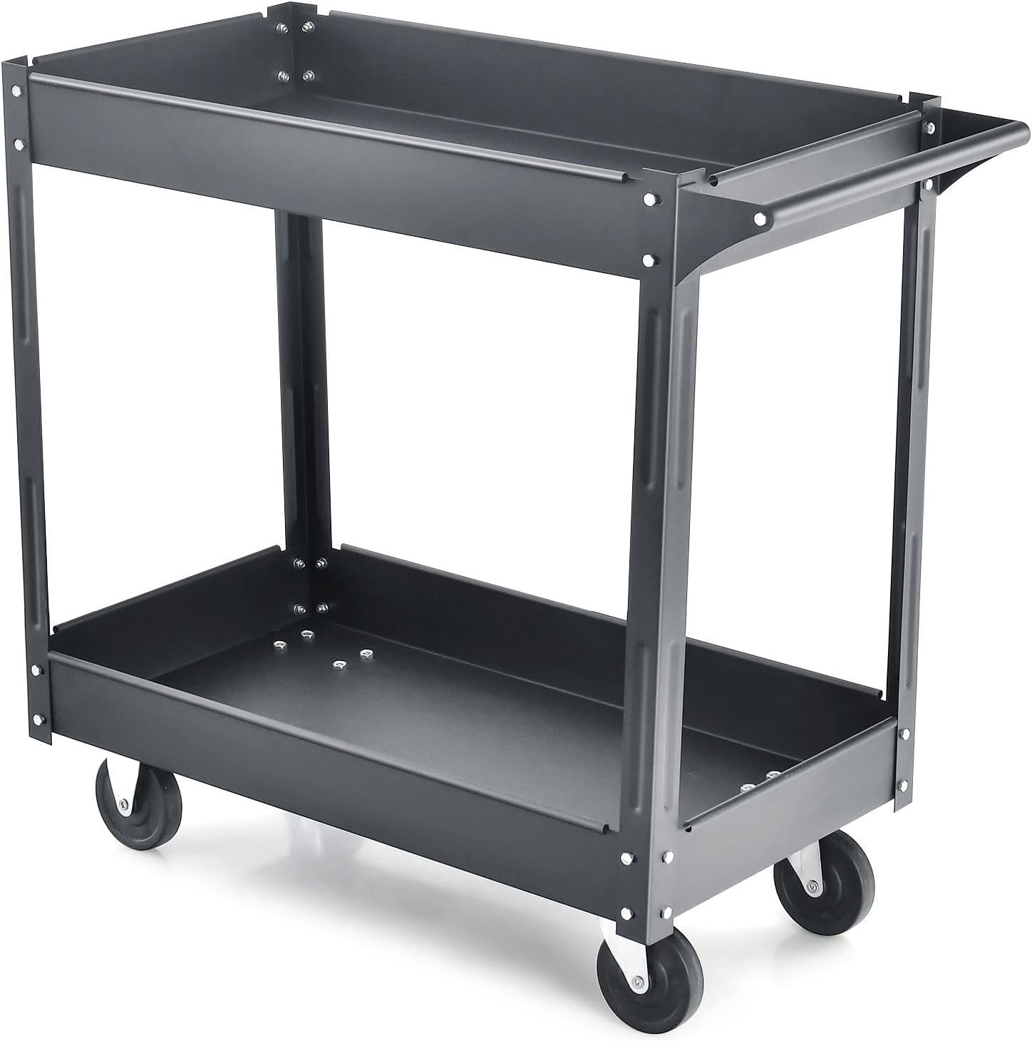 GiantexUK 2/3-Tier Tool Trolley, Metal Frame Utility Service Cart with 4 Wheels and Handle, Heavy Duty Rolling Storage Trolley for Office, Garage, Warehouse and Workshop (2-Tier, Flat Handle, Black)