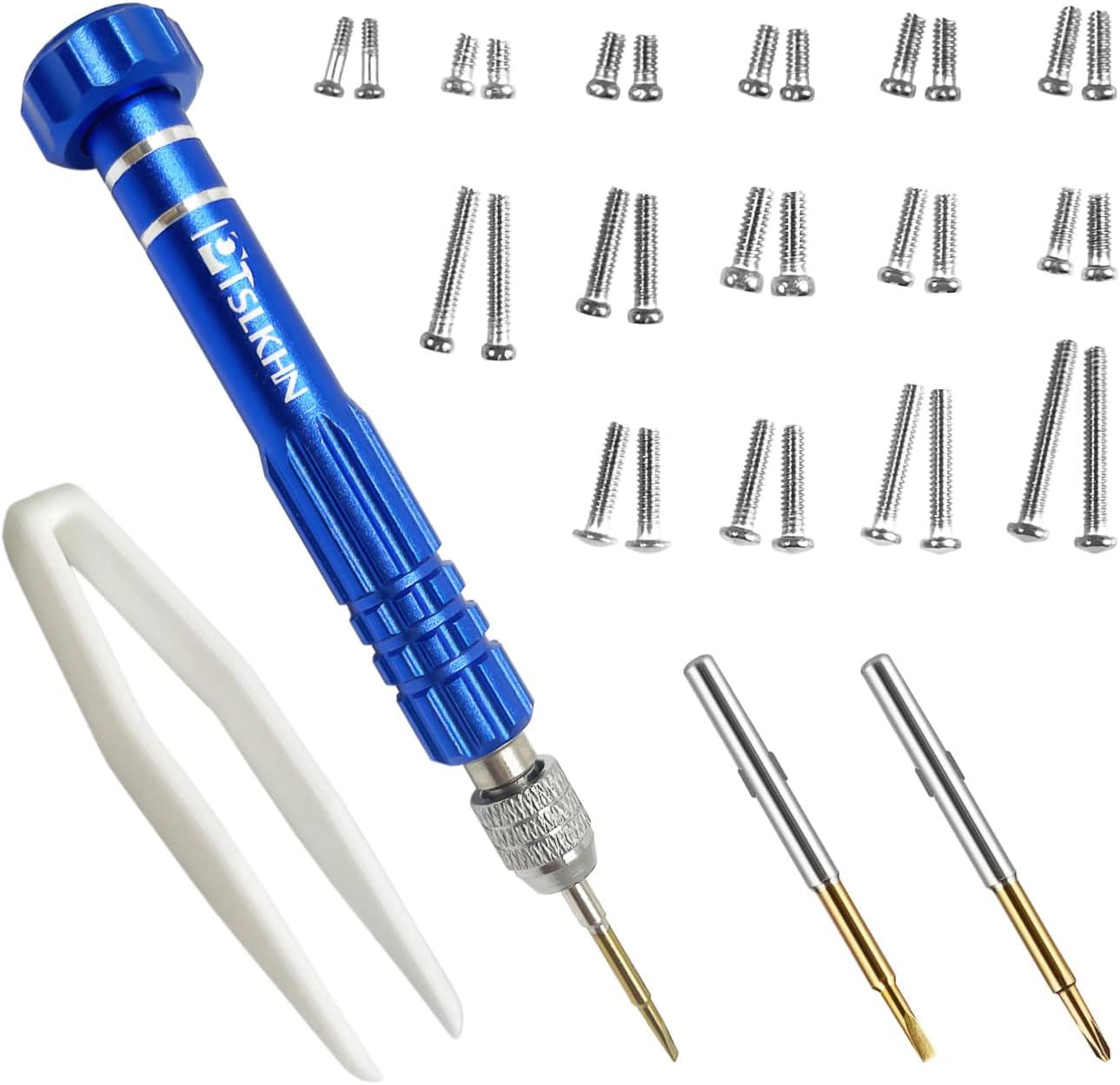 PTSLKHN Eye Glass Repairing Kit, S2 Steel Screwdriver with 15 Types of Screws, Precision Eyeglass Repair Tool Set (Blue 2in1-screws)