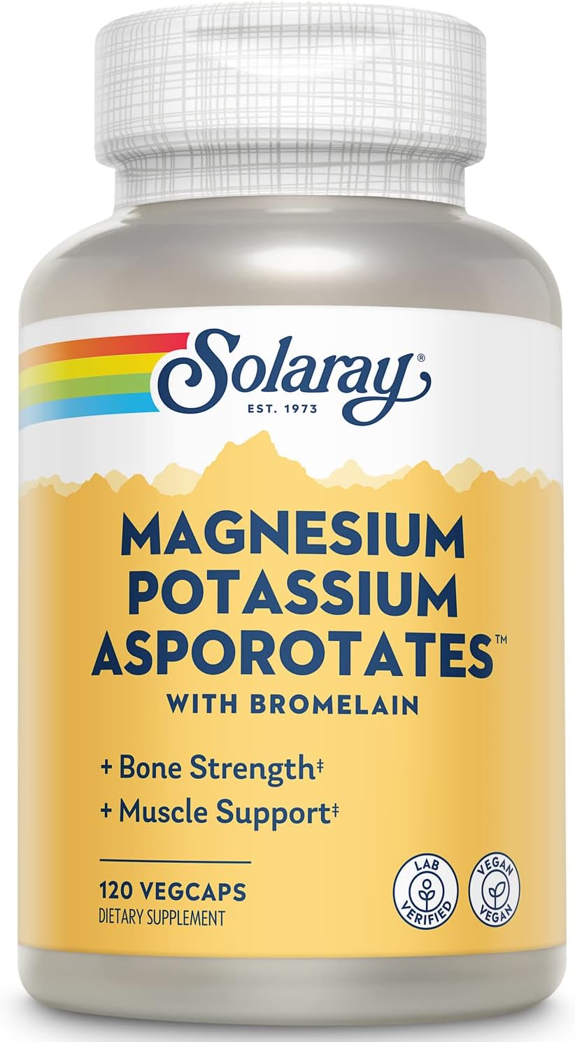 Solaray Magnesium and Potassium Asporotates with Bromelain, Magnesium Potassium Supplement for Bone Strength and Muscle Support, Vegan Magnesium Potassium Supplements, 60 Servings, 120 VegCaps