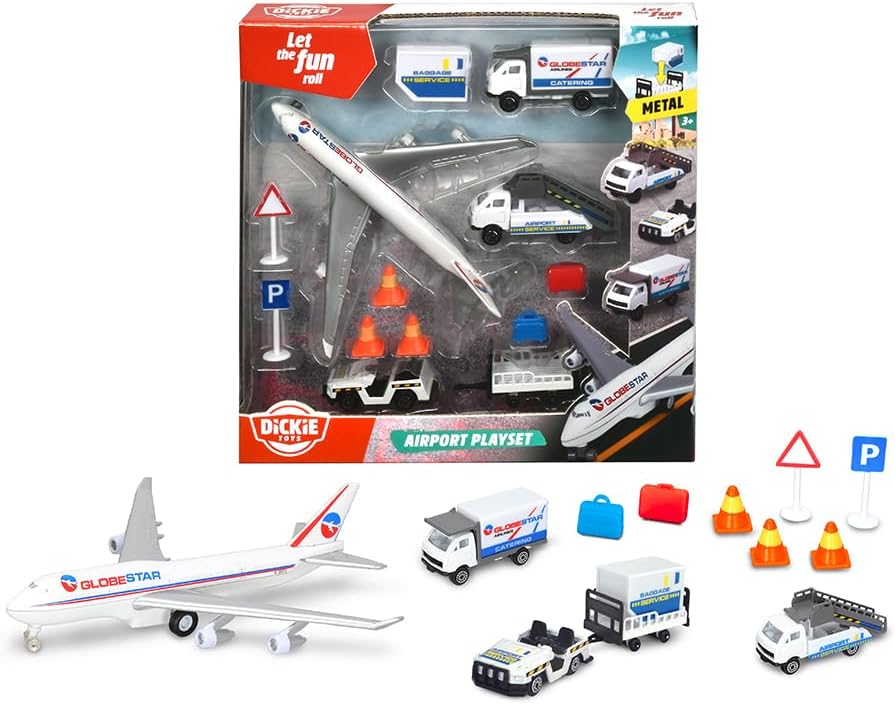 Dickie Airport Playset for Kids with Die-Cast Airplane, Ground Support Vehicles and Signs