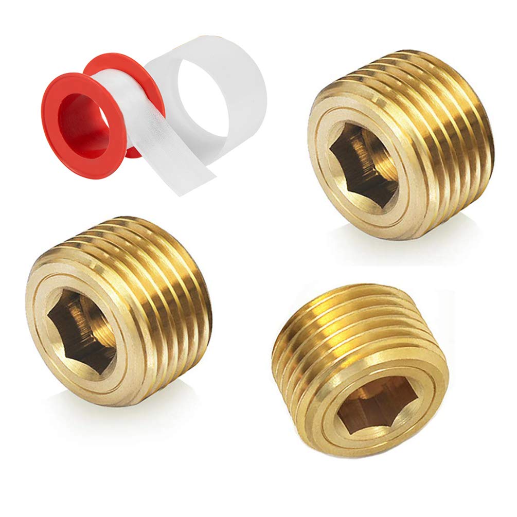 1/2" NPT Plug Brass Pipe Fitting Countersunk Thread Internal Hex Head Style Male (1/2 inch NPT Plug, 3)