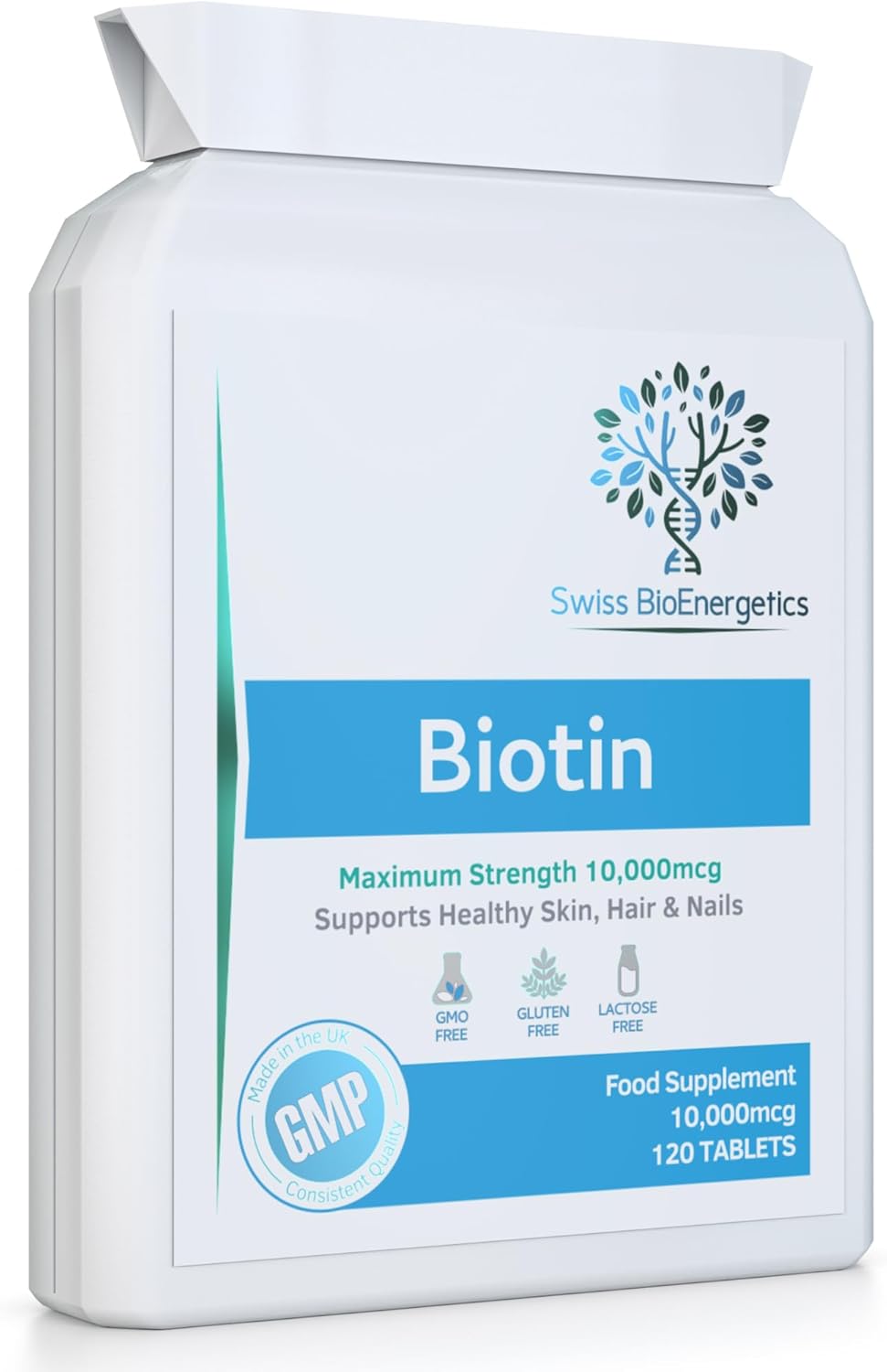 Biotin 10,000 mcg 120 Tablets – Exclusively Maximum Strength D-Biotin, The only Natural Form with Full Vitamin B7 Activity - Support for Healthy Hair Growth, Skin and Nails - UK Made to cGMP Code