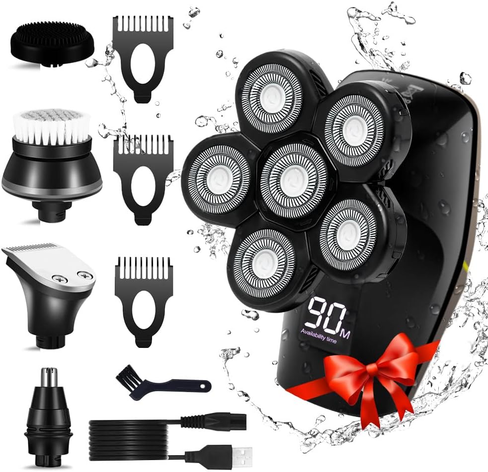 SURKER 6 in 1 Rotary Electric Shaver for Men with Bald Head, Multifunctional Electric Grooming Kit, USB Rechargeable, Waterproof Cordless Hair Clipper LED Display