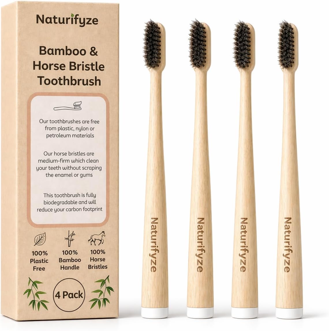 Horse Bristle & Bamboo Toothbrush (4 Pack) - Authentic Horse Bristles - Biodegradable - Plastic Free - Bamboo & Horse Bristle