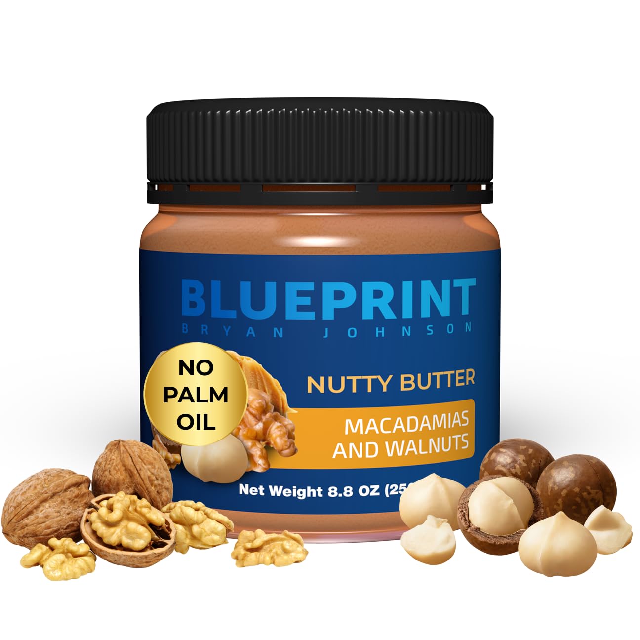 Blueprint Bryan Johnson Nutty Butter – Chunky Macadamia Nut Butter with Walnut – No Palm Oil, No Added Sugar – Just 3 Ingredient – Keto, Vegan, Paleo – Low Carb Nut Butter Snack – 8.8oz Jar