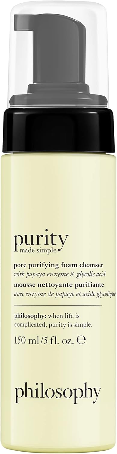 philosophy purity pore purifying facial foam cleanser 150ml, with papaya enzyme & glycolic acid, removes impurities from pores, suitable for AM and PM