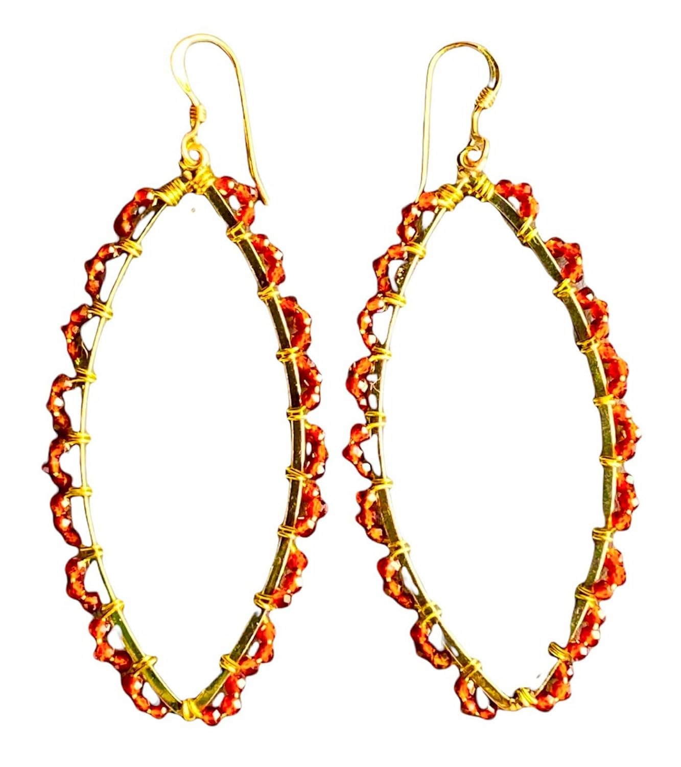 Lamora Garnet Hoop Dangle Earrings, Genuine Gemstone Natural Crystal 14K Gold Earrings, Antique Handmade Jewelry For Women, Teen, Girl, January Birthstone