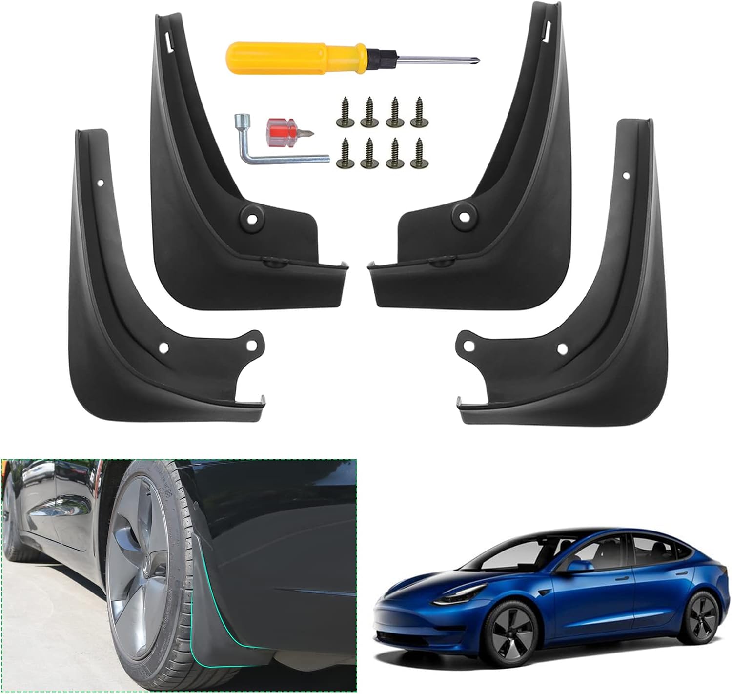 [Pack of 4] GAFAT Tesla Model 3 2018-2022 2023 Mudflaps, Model 3 2023 Front and Rear Mudflaps Car No Drilling Required ABS Plastic, Tesla Model 3 Accessories [Not for New 2024+]