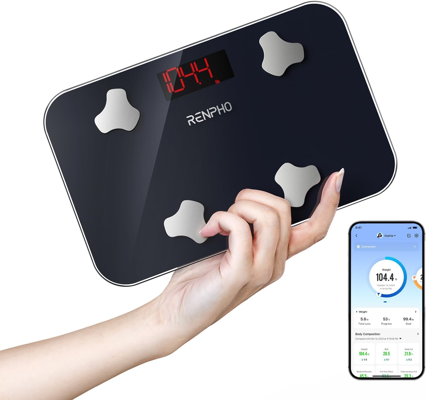 RENPHO Travel Scale for Body Weight, Mini Bathroom Scale for Body Fat, Portable Digital Weight Scale for Traveling, 13 Body Composition Analyzer Sync with Smart App, 400 lbs, 11.02" x 7.09", Elis Go