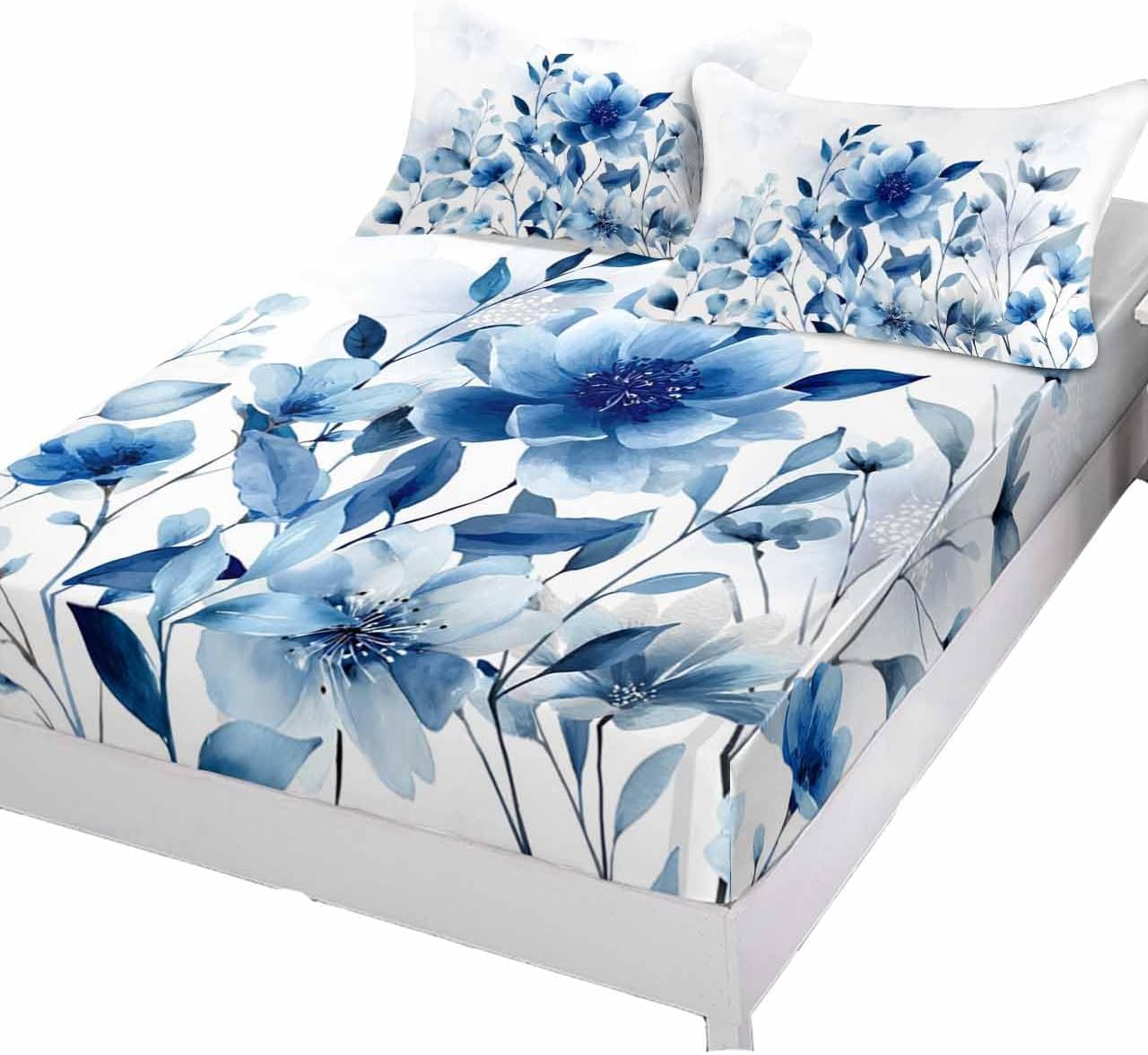 Fitted Sheets Elastic Deep Pocket Bed Sheet Cal King, Watercolor Blue Blossom Flower Soft Bed Sheets Set,Botanical on White Mattress Cover Up Hotel Luxury Fitted Sheet Pillowcase for Bedroom
