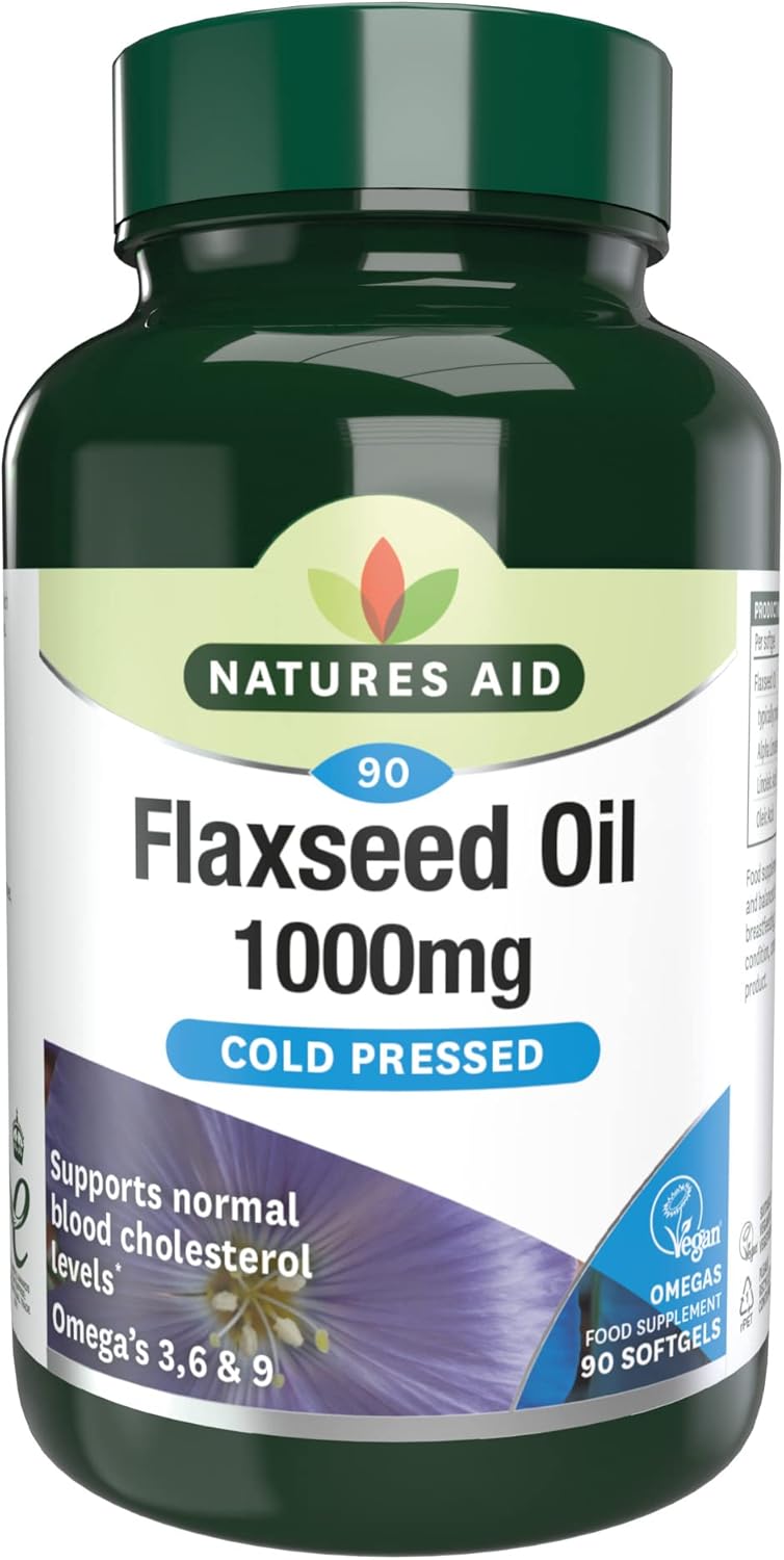 Natures Aid Flaxseed Oil 1000mg – High Strength Omega-3 Softgels – Supports Heart & Brain Function – Vegan, Non-GMO, Gluten-Free – Cold Pressed Essential Fatty Acids – 90 Capsules