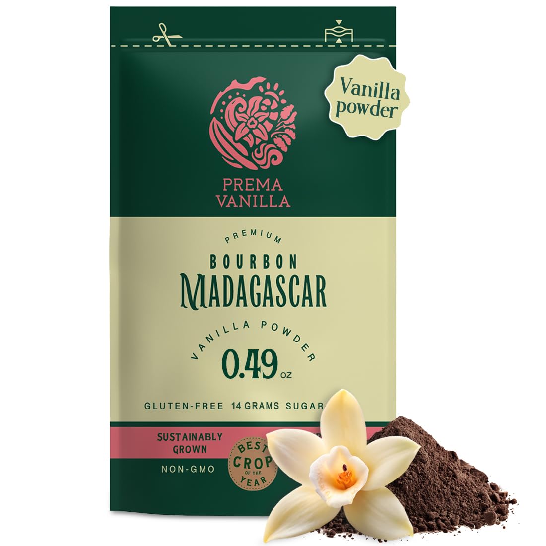 PREMA VANILLA Vanilla Powder Bourbon Premium - 100% Natural Vanilla Powder - Made from Madagascar Berries - Gourmet Quality - Pure and Intense Aroma, 0.49 Oz (14 g)