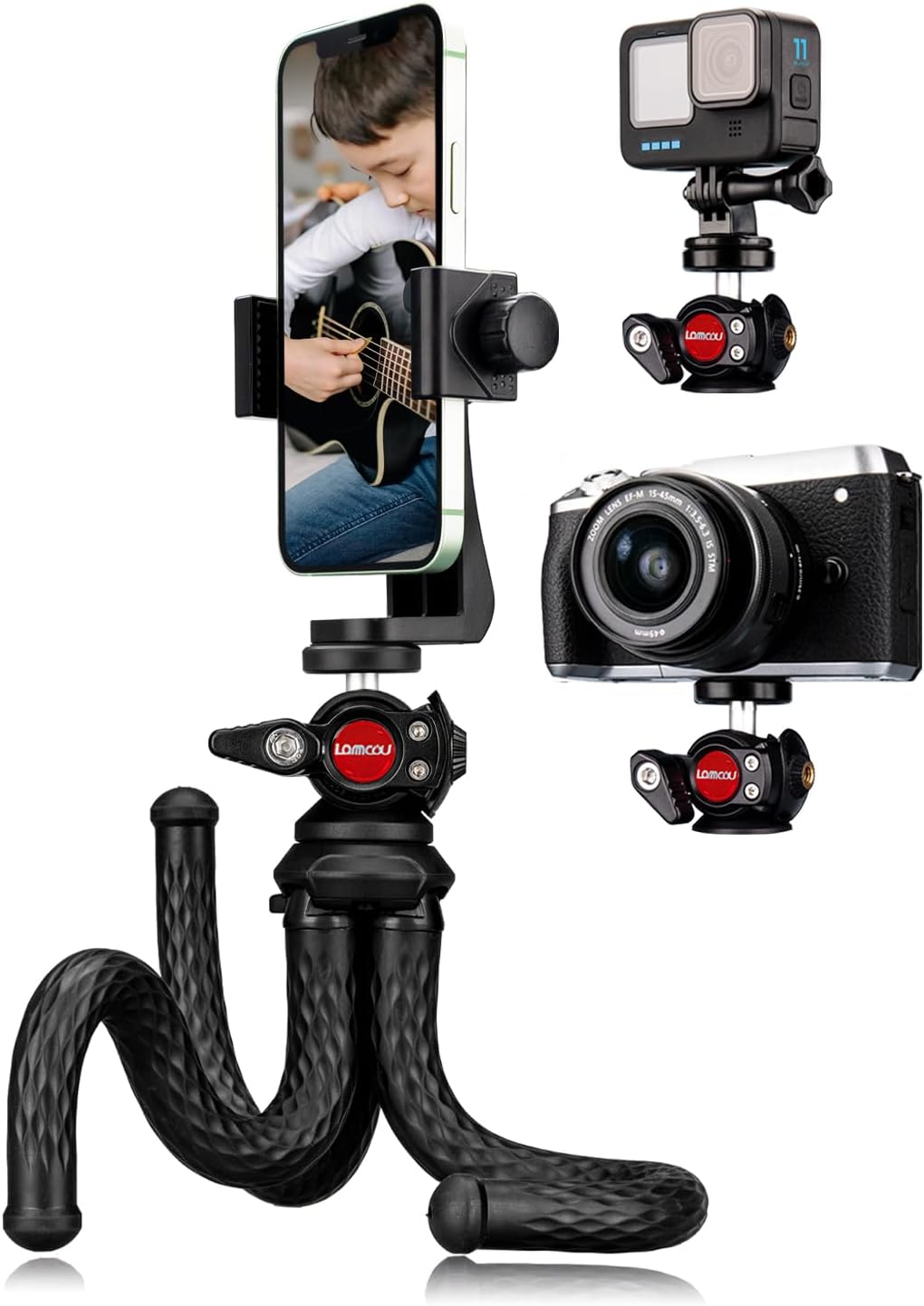 Lammcou Phone Tripod Flexible, Octopus Camera Gorrila Pod Bendy Legs Grip, With Vertical & Portrait Mobile Holder & Go Pro Mount, Handheld Portable Flexi Tripods Stand for Phones, Webcam, Camcorder