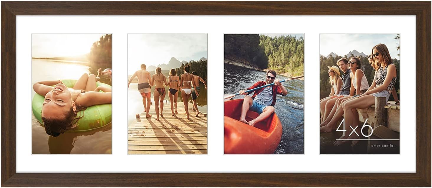 Americanflat 8x20 Panoramic Picture Frame in Walnut - Four 6x4 Photo Frame Openings - Multi Aperture Collage Picture Frame with Horizontal and Vertical Format for Wall and Tabletop