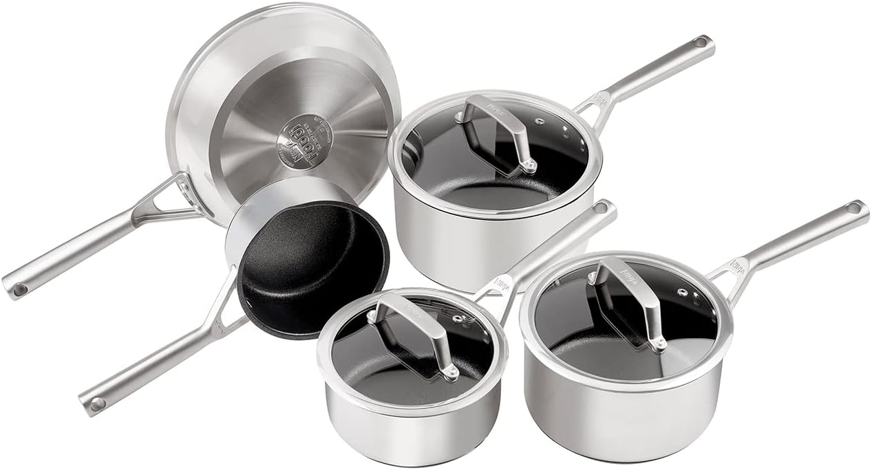 Ninja ZEROSTICK 5-Piece Pan Set, Long Lasting Non Stick,16cm, 18cm & 20cm Saucepans with oven-safe glass lids, 16cm Milk Pan, 24cm Frying Pan, Stainless Steel Cookware C6500UK