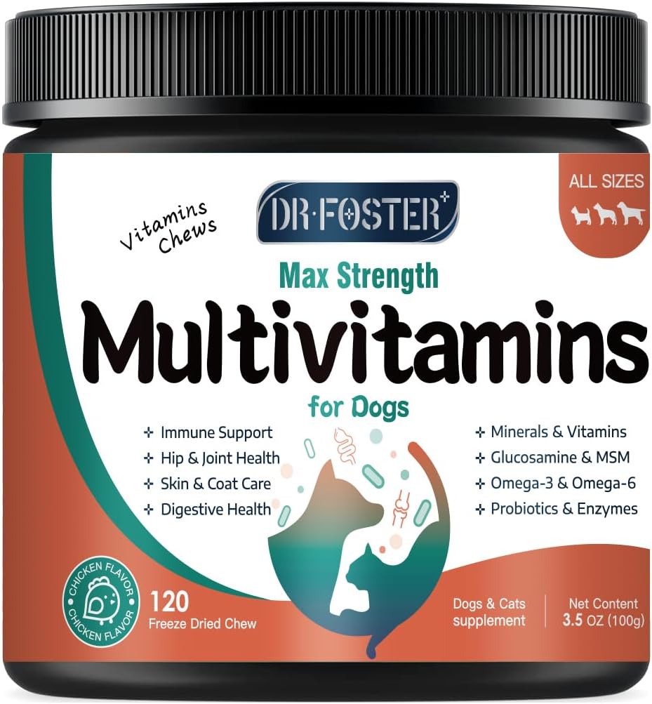 Dog Multivitamin with Glucosamine, Omega 3, Minerals, Probiotics and Enzymes, Dog Vitamins and Supplements for Joint, Skin & Coat Care, Digestive and Immune Health, Chicken Flavor - 120 Chews