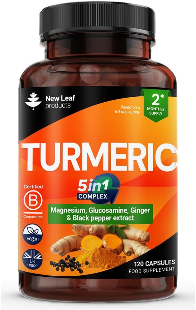 Turmeric 5-in-1 Complex - Turmeric Capsules High Strength Enriched with Magnesium & Glucosamine Sulphate - Added Ginger Capsules + Black Pepper, Curcumin Supplement - Vegan Supplement