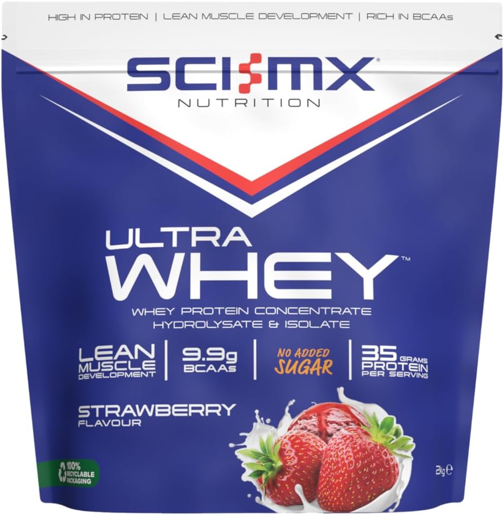 SCI-MX Ultra Whey Protein Muscle Building & Recovery Protein Powder with Naturally Occurring Glutamine & Amino Acids - Strawberry Flavour - 2Kg (44 Servings)