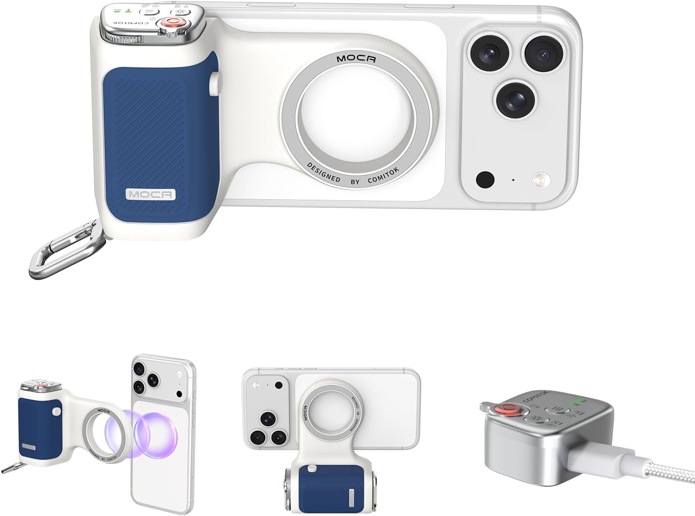 COMITOK MOCA iPhone 17 Pro Camera Grip No Need App for iOS26, Compatible iOS17 and iOS18, Fun Shot Magnetic Grip for Phone Native Camera with Anti-Drop Detachable Remote and Convenient Keychain Hook