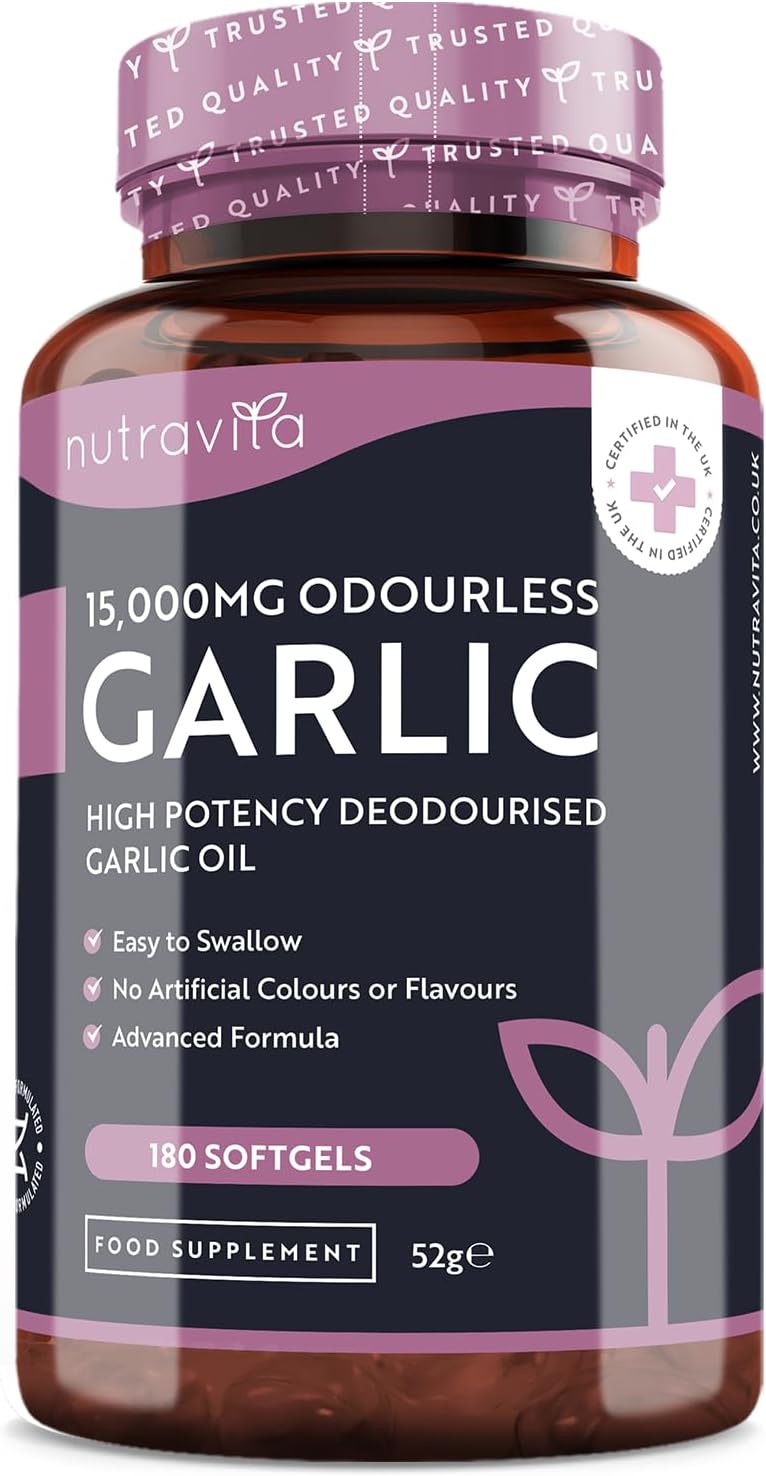 Premium Garlic Capsules - Odourless High Strength 15,000mg - 180 Soft Gel Capsules of Deodourised Cold Pressed Garlic Oil from Allium Sativum – 6 Month Supply - Made in The UK by Nutravita