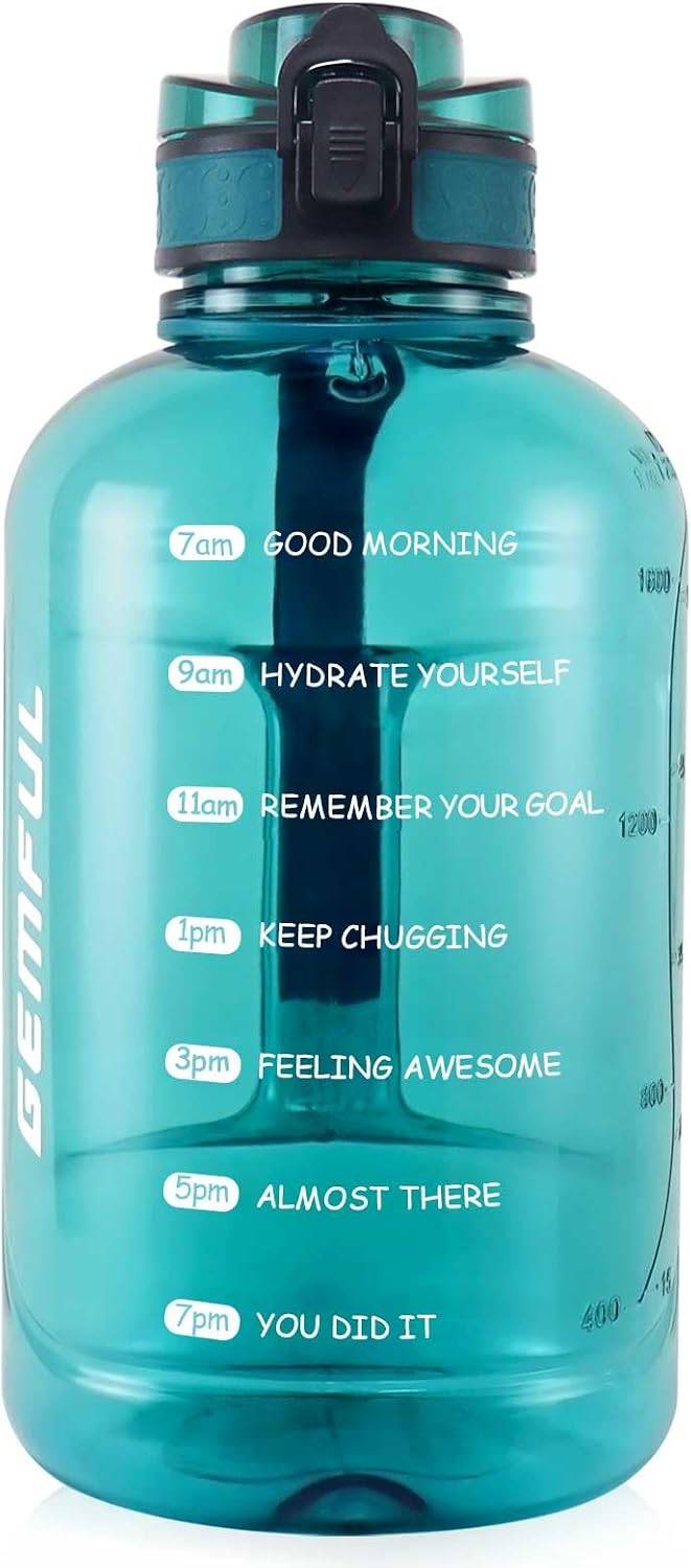 GEMFUL 64oz Motivational Water Bottle 2 Liter Sports Jug for Gym (Cyan)