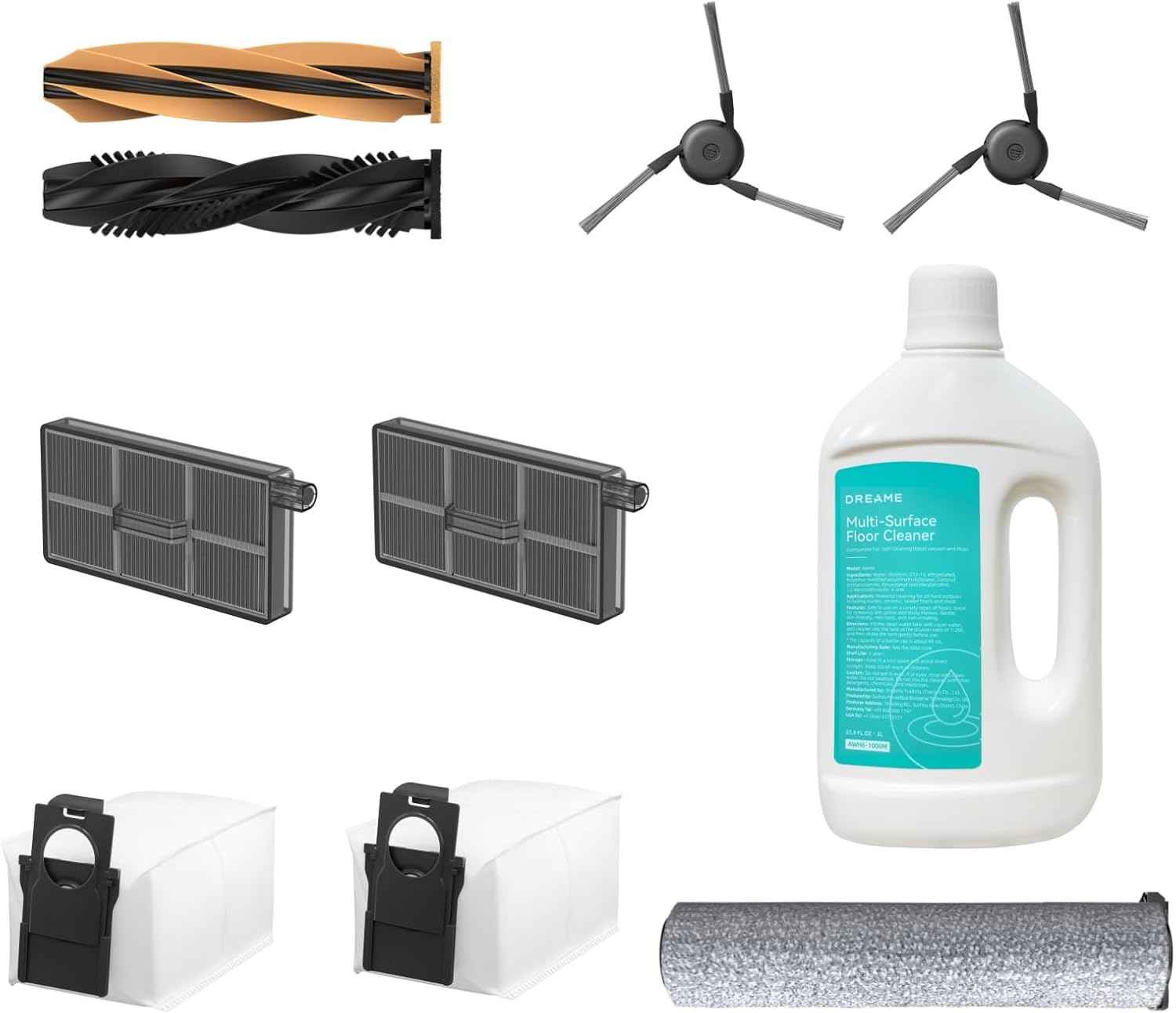 DREAME Robotic Vacuum Accessory Kit for Aqua10 Series, Detangling Duo-Brush*1, Side Brush*2, Dust Box Filter*2, Dust Bag*2, Mop*1 and 1 Bottle of 1L Cleaning Solotion.