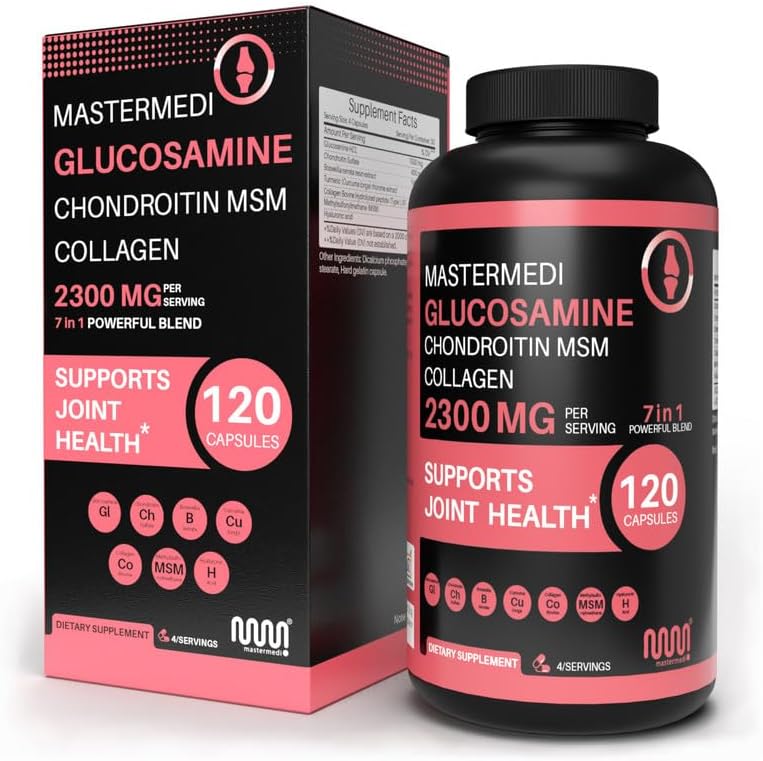 mastermedi Glucosamine Chondroitin MSM Collagen Capsules – 2300mg Joint Formula with Turmeric & Boswellia – 120 Capsules, 30-Day Supply – Non-Shark Sourced