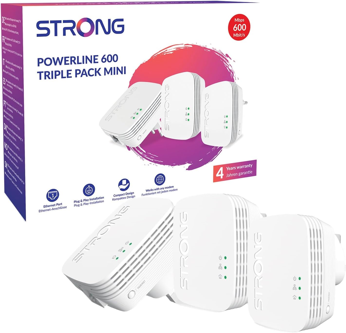 STRONG POWERL600DUOMINIUK AV600 Mini Powerline Adapter Starter Kit, Pack of 3, Up to 300m Range, No Configuration Required, UK Plug White