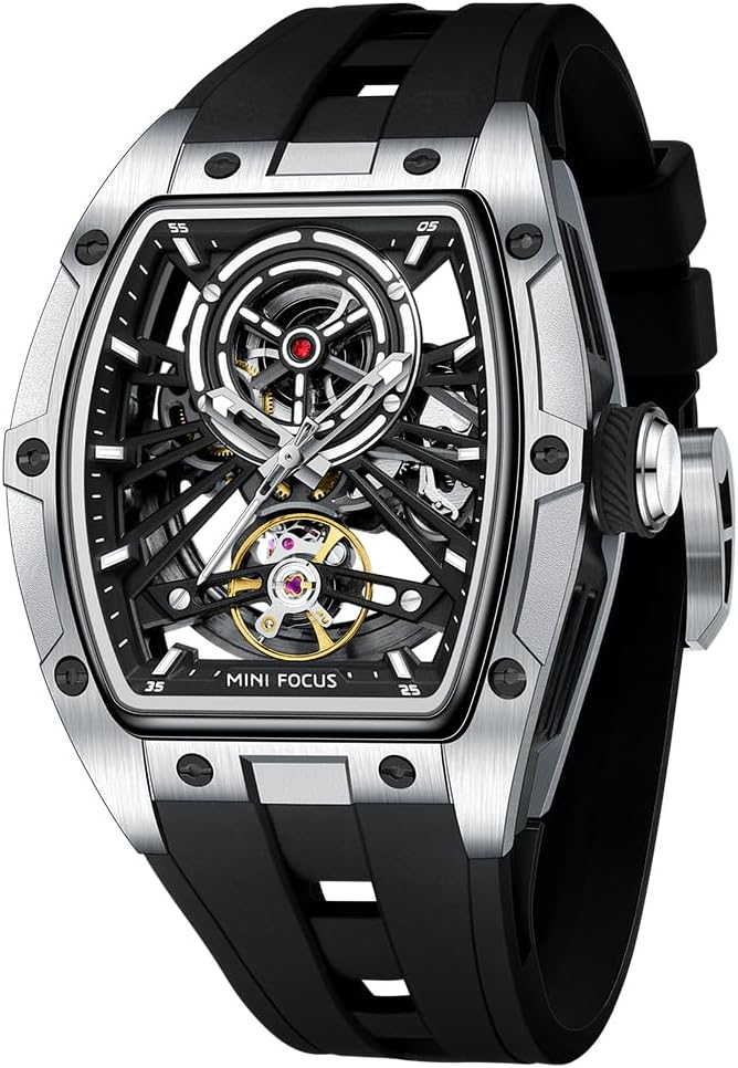 MF MINI FOCUS Unique Men Watches,Automatic Mechanical Watch,Luxury Hollow Tonneau Watches for Men with Stainless Steel Case and Silicon Band (Self-Wind Movement/5ATM Waterproof/Super_Luminous)