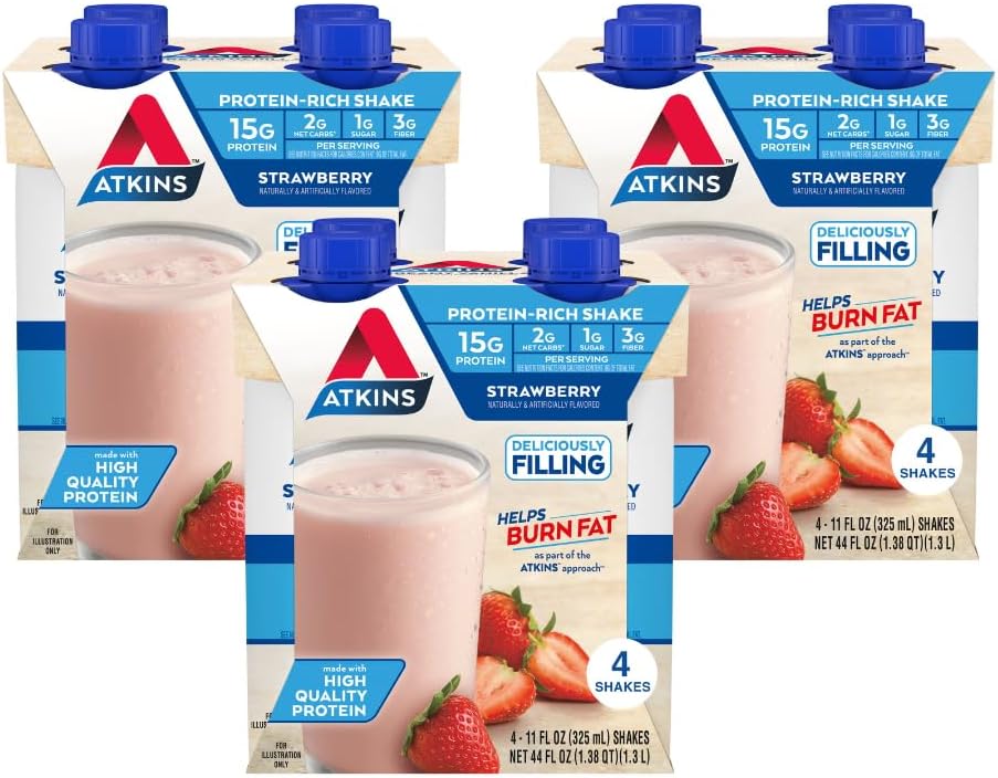 Atkins Strawberry Flavored Protein Shake, High Protein, Low Glycemic, Low Sugar and Low Carb, Keto Friendly, Gluten Free, 12 Count