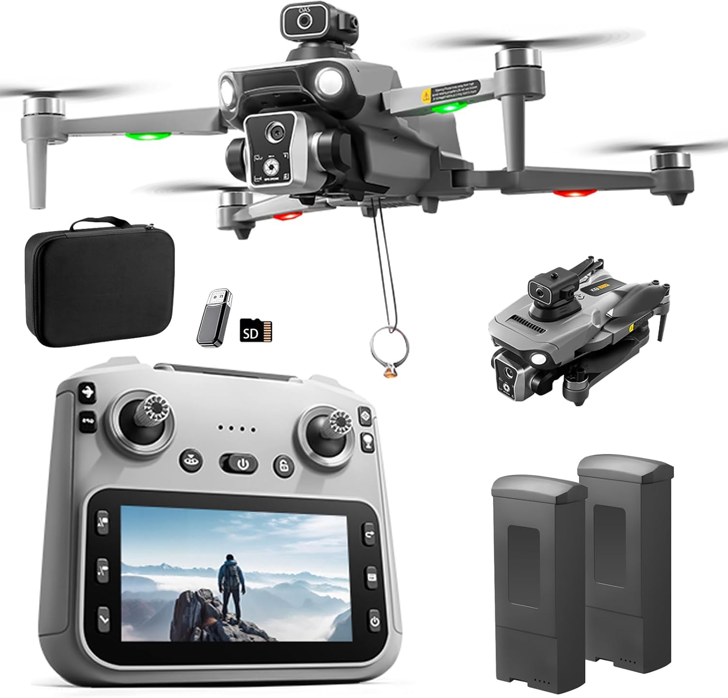 K19 GPS Drone with 4.5-inch Screen Controller with SD card, Unmanned Aerial Vehicle Airdrop, Brushless Motor, Optical Flow Localization, Active Obstacle Avoidance, 2 batteries.
