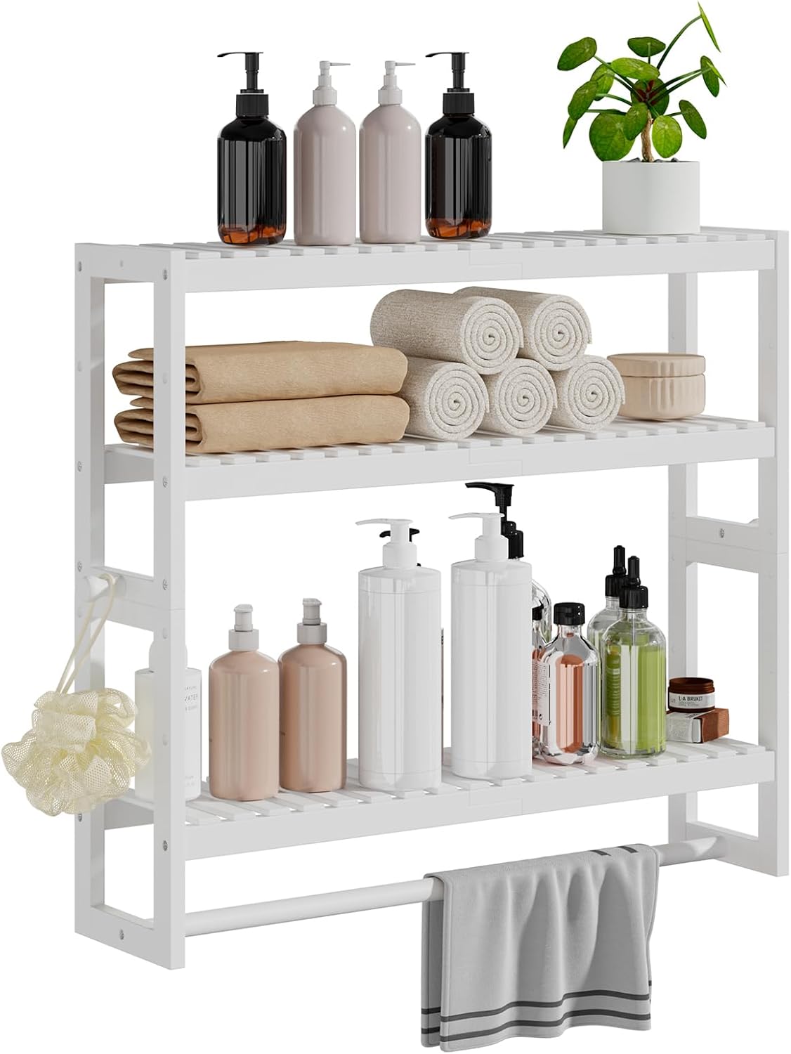 Bathroom Shelf Storage Organizer, 5.9''D*23.6''W*21.2''H, 3-Tier Adjustable Layer Floating Wall Mount Bamboo Kitchen Organizer with Bar, White Standing Shelf Units, Towel Rack Hanging Rod(White)