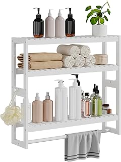 Bathroom Shelf Storage Organizer, 5.9''D*23.6''W*21.2''H, 3-Tier Adjustable Layer Floating Wall Mount Bamboo Kitchen Organizer with Bar, White Standing Shelf Units, Towel Rack Hanging Rod(White)