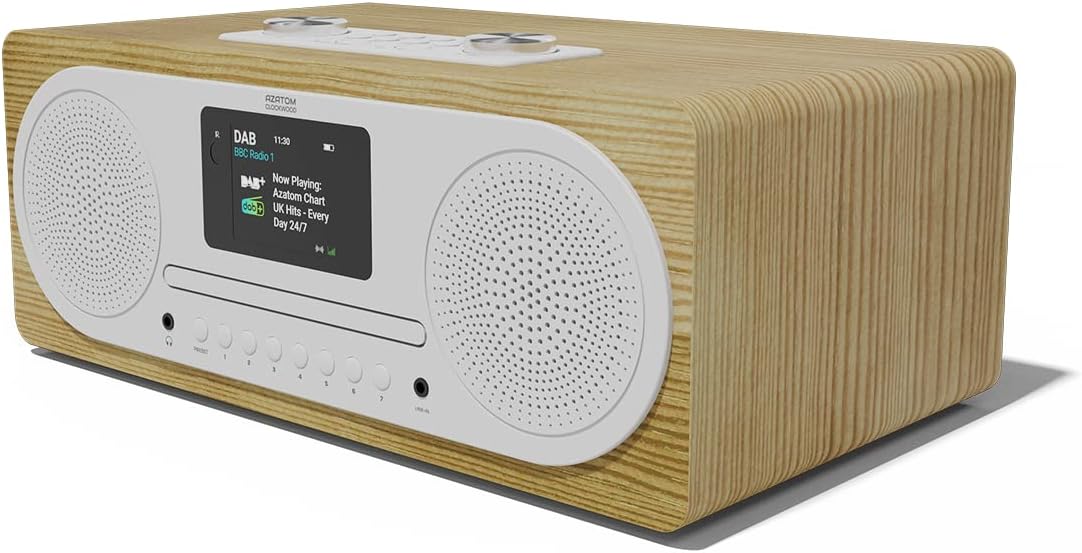 DAB/DAB+ & FM Digital Radio with CD Player | Bluetooth & USB MP3 Player | Premium Sound | Remote Control | Mains Powered | Perfect for the Home or Office | AZATOM Clockwood (Light Oak)