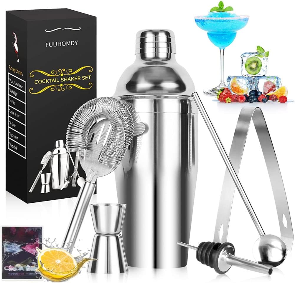 Cocktail Making Set, Cocktail Shakers 6 Pieces Set 750ml Capacity with Bar Accessories and Recipes Made of Food Grade Stainless Steel 304 Great for Home and Bar Use or As a Gift