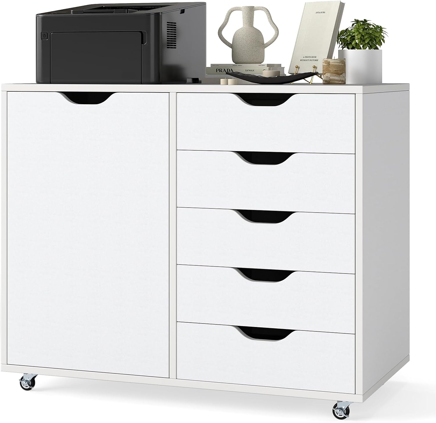 COSTWAY Mobile File Cabinet, 4/5 Drawers Lateral Stationery Storage Organiser Chest with Wheels and 1/2 Doors, Home Office Printer Stand Side Filing Cupboard (White-5 Drawers, 78 x 40 x 65cm)
