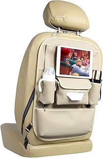 Car Seat Organizers Waterproof Backseat Protector with Storage Pocket Large Leather Kick Mats for Kids Pets Automobile SUV Truck (Beige, Large Pocket)